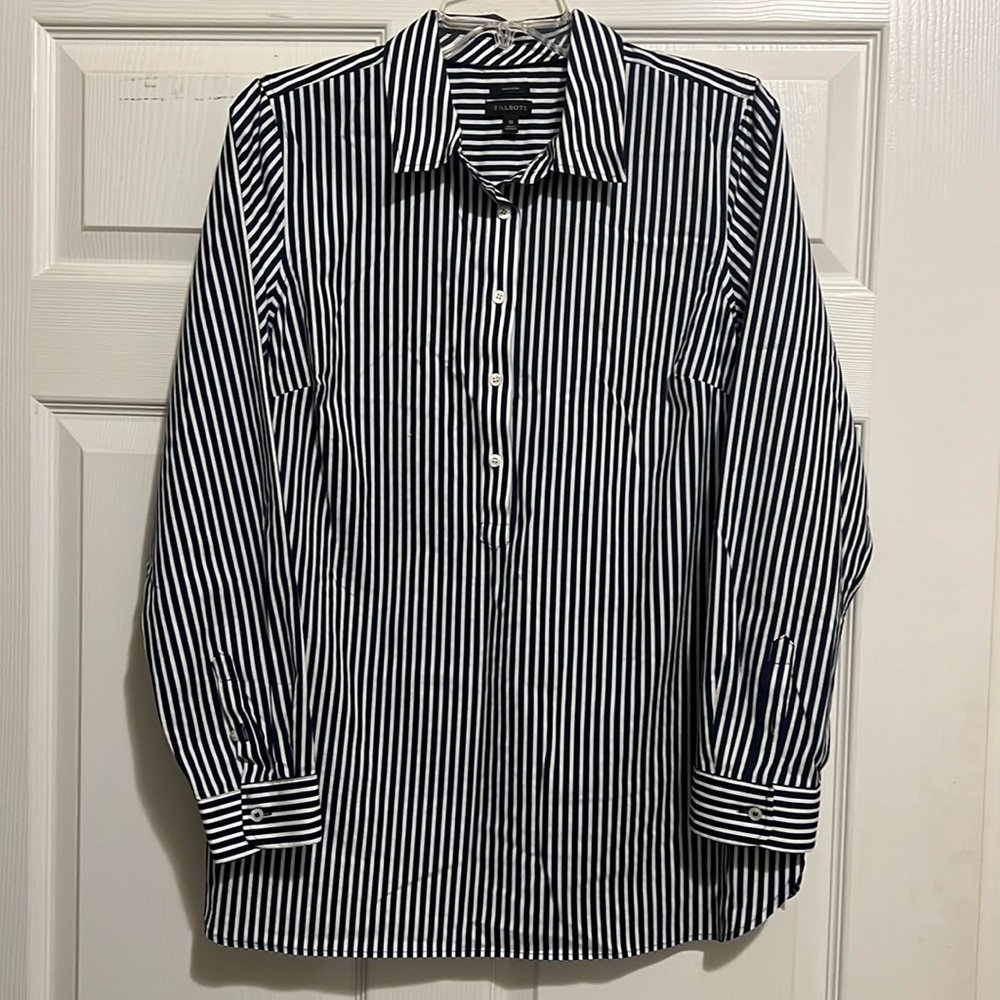 Talbots long sleeve, striped, half button, tunic blouse. Sz 10